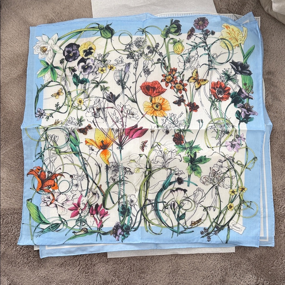 Gucci Floral Silk Pocket Squares in Light Blue, Cream, Green, Red, Yellow